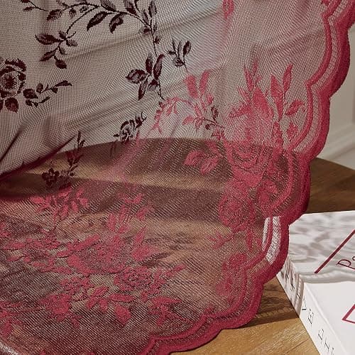 Burgundy Lace Curtains 84 Inches Long Vintage Floral Curtains 2 Panels for Bedroom Living Room Rod Pocket Light Filtering Maroon French Romantic Window Curtains Modern Wine Decor Neutral, 52x84 - 52"W x 84"L (Pack of 2) - Burgundy thumbnail 6