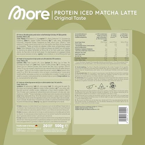 MORE Protein Iced Matcha Latte, 500g, Matcha Grünteepulver mit wertvollen Proteinen, wenig Zucker und Fett - made in Germany thumbnail 4