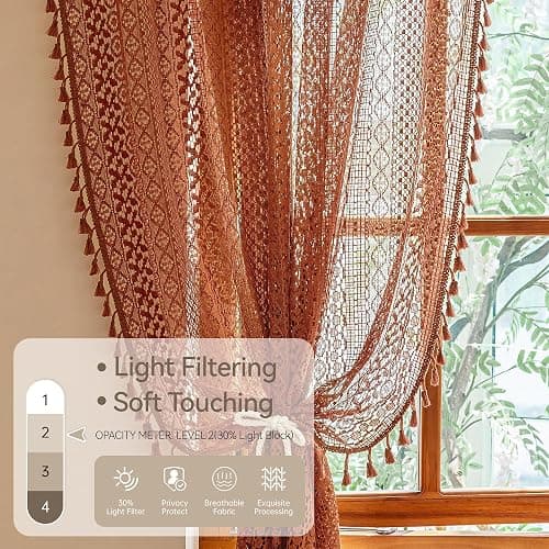 WAZZIO Burnt Orange Curtains Sheer 45 Inch Length Bedroom Short Small Cafe Rod Pocket Vintage Fall Privacy Let Light in Cotton Lace Boho 2 Panel, Terracotta thumbnail 4
