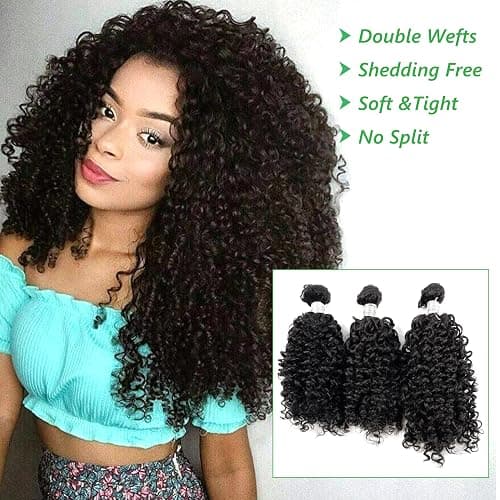 EV&ET Kinky Curly Bundles Quick Weave Synthetic Hair 16 18 20 Inches 3 Pieces/Pack Soft Heat Resistant Human Hair Sew in Extensions for Black Women Natural Black thumbnail 6