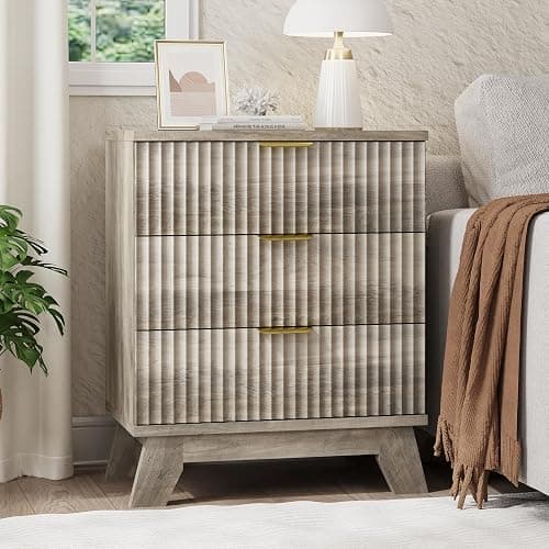 Fluted Nightstand, 24" Wide Side Table with 3 Large Storage Drawers, Mid Century Modern Wood Night Stand with Metal Handle, Wooden Bedside End Table for Bedroom, Living Room, Closet, Grey thumbnail 3