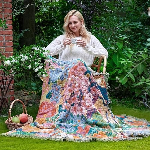LUTBM Boho Throw Blanket for Bed Cotton Summer Blankets for Bedroom Living Room All Season Lightweight Floral Embroidery Reversible Twin Quilt for Couch Sofa Chair 60"x80" Home Decor thumbnail 2