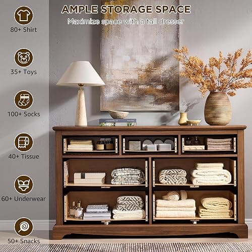 T4TREAM 54" Wide 7 Drawers Dresser Chests for Living Room, Light Walnut | Vintage handle Farmhouse Wood Storage Organizer Bedroom,Hallway thumbnail 3