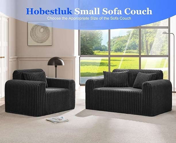 Hobestluk Couch Sofa 2-Seater Foam Sofa Loveseat for Small Spaces Comfy Sofas with Removable Cover Furry Couch with Pillows for Living Room, Bedroom, Apartment, Office (Black, Loveseat) thumbnail 7