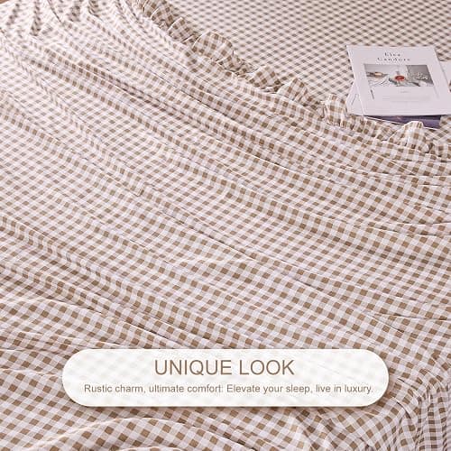 kisswish Gingham Queen Sheet Set, Lightweight Super Soft Brushed Microfiber Plaid Bed Sheets with 16" Deep Pocket, 4 Piece Ruffle Farmhouse Bedroom Decor, Taupe thumbnail 5