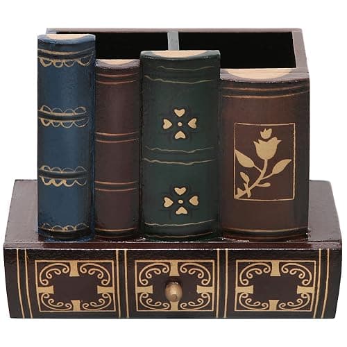 MyGift Decorative Desk Organizer Caddy, Pencil and Pen Holder with Bottom Storage Drawer and Antique Library Books Design thumbnail 7