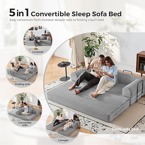 Bsxupke 79" 5-in-1 Convertible Sofa Bed No Assembly, Boneless Couch Bed with High Density Foam, Foldable Sleeper Sofa, Corduroy Modular Couch for Apartment, Studio, Dorm Room, Small Space, Light Grey thumbnail 3