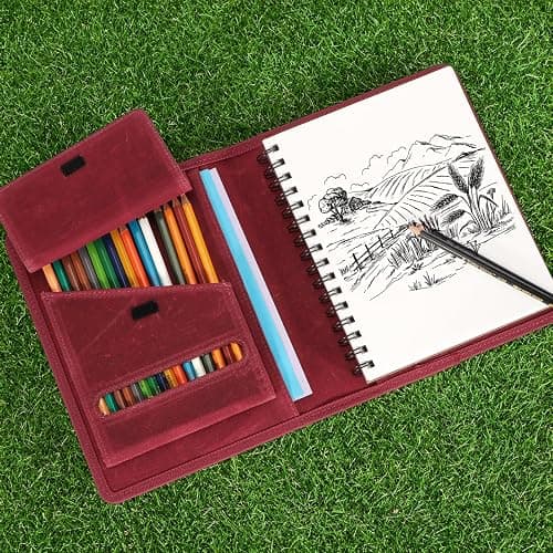 Plinyvel Travel Sketchbook Cover 5.5"x8.5" with Pencil Holder - Waxed Canvas Art Storage Case & Artist Padfolio Organizer Kit (Red) thumbnail 2