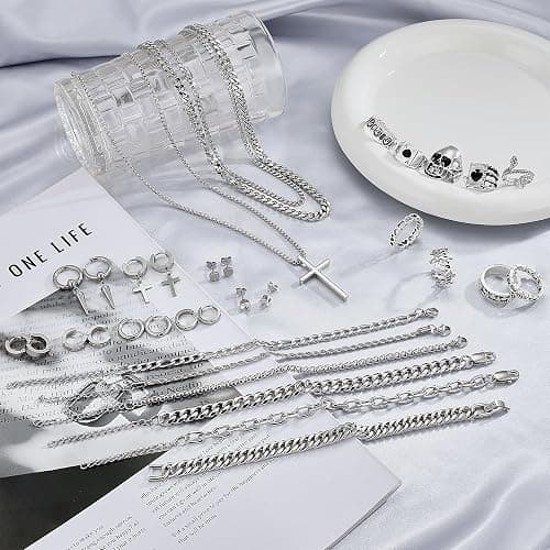 FEYIR 37 Pcs Jewelry Set for Men Stainless Steel Cuban Link Necklace Bracelet Vintage Rings Hoop Stud Earrings Mens Fashion Jewelry thumbnail 4