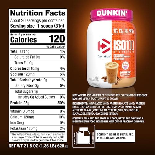 Dymatize x Dunkin' Cappuccino ISO100 Whey Protein Powder, 95mg Caffeine, 25g of Protein5.5g BCAAs, 120 Cal., Gluten Free, 1g Fat, 1g Sugar, 2g Carb (20 Servings) thumbnail 5