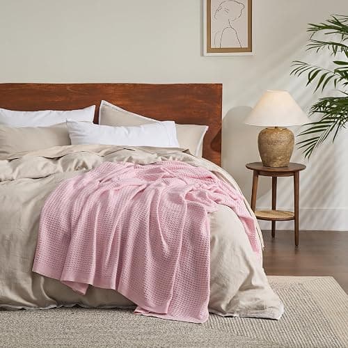 Bedsure Gentlesoft 100% Cotton Blanket Queen Size for Bed - Breathable and Soft, Thick Cozy Waffle Weave Christmas Blanket Gift for Women, Pink, 90x90 Inches thumbnail 7