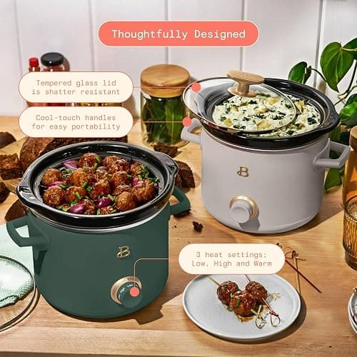 Beautiful 2 Pack Slow Cooker Crock Set- 2 Quart, Thyme Green/Porcini Taupe (120 Watts) with Adjustable Heat settings-Kitchenware by Drew Barrymore thumbnail 4