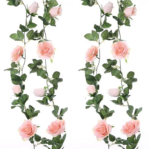 Felice Arts 2 Pack Pink Artificial Rose Garland Each 6.5FT Fake Rose Vine Hanging Floral Garland for Wedding Swing Table Centerpiece Arrangement Decor - Image 1