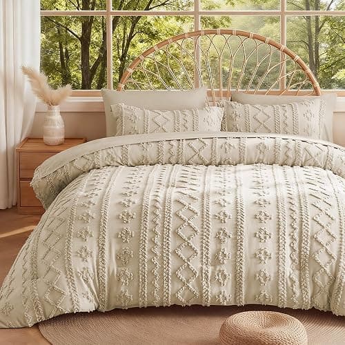MR&HM Tufted Boho Comforter Set Queen, Linen Farmhouse Bedding Set, Bed in a Bag Set 7 Pieces with 1 Comforter, 2 Pillow Shams, 2 Pillowcases, 1 Flat Sheet, 1 Fitted Sheet for All Seasons - Image 1