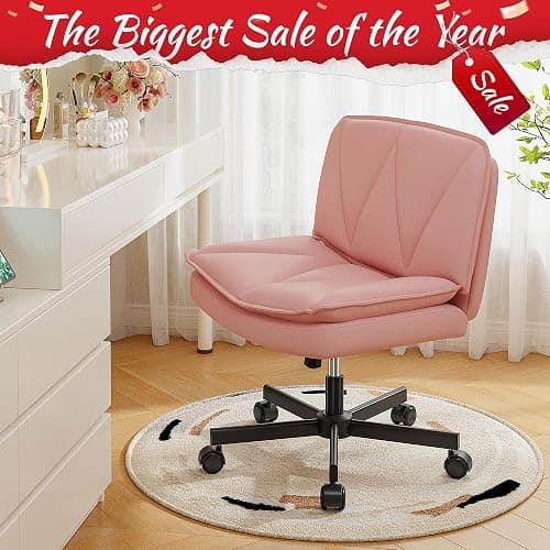 DurayLoly Criss Cross Chair with Wheels,Cross Legged Office Chair with 2 Layer Comfty Leather & Back,Armless Wide Vanity Chair for Home Office,Pink thumbnail 5