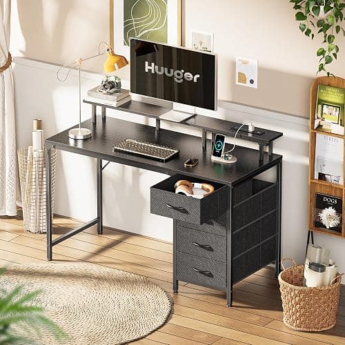 Huuger 47 Inch Computer Desk with Power Outlets and LED Lights, Gaming Desk with 4 Drawers, Office Desk with Monitor Stand, Study Work Home Office, Small Spaces, Black thumbnail 7