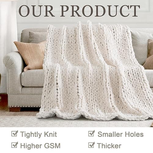 LONG CREATE Chunky Knit Throw Blanket 50"X 60", 100% Handmade with Soft Chenille Yarn, 4.4lbs Thick Cable Knitted Blankets, Large Rope Knot Crochet Throws for Couch Sofa Bed Home Decor, Cream White - Cream White - 50x60 inch thumbnail 4