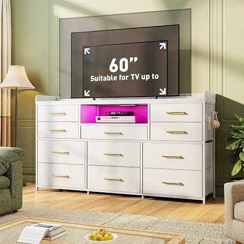 EnHomee LED Dresser for Bedroom with Charging Station,11 Drawers & 4 Hooks | Dresser TV Stand for 50 55 60 inch TVs for Living room,Storage Chests of Drawers with 2 Wood Shelve,White PU Leather thumbnail 6