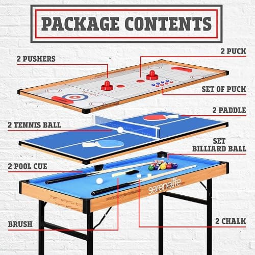 SereneLife 4 in 1 Multi Game Table, 4’x2’ Folding Portable Sports Arcade Games with Accessories, Ping Pong, Air Hockey, Pool Billiards, and Shuffleboard, for Indoor, Outdoor, All Ages thumbnail 8