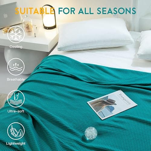 AmyHomie Cooling Blanket King Size, 100% Rayon Derived from Bamboo, Cool Summer Blanket for Hot Sleepers Soft Comfy Waffle Lightweight Blankets for All Seasons(Teal, 108×90in) thumbnail 4