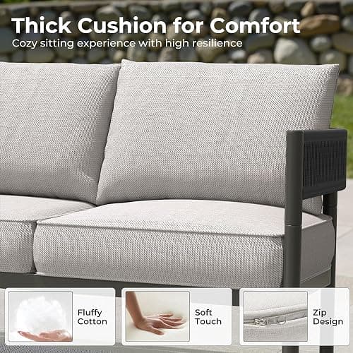 Gand Patio Outdoor 3-Seat Couch Sofa, Wicker Conversation Set with Thick Cushion for Porch, Garden, Yard, Beige thumbnail 4