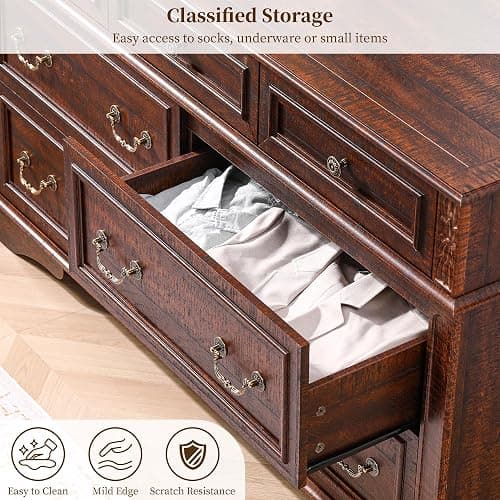 3 Pieces Farmhouse Dresser Nightstand Sets Chest of Drawers for Bedroom | 7-Drawer 55" W Dresser & 3-Drawer Nightstand Sets Rustic Wood Bedroom Furniture Set for Home Hallway Dark Brown thumbnail 8