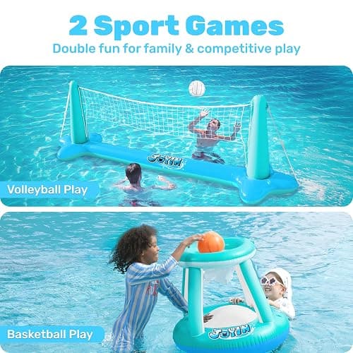 JOYIN Inflatable Pool Float Set Volleyball Net & Basketball Hoops, Floating Swimming Game Toy for Kids and Adults, Summer Floaties, Volleyball Court (105”x28”x35”)|Basketball (27”x23”x27”),L-Blue thumbnail 3