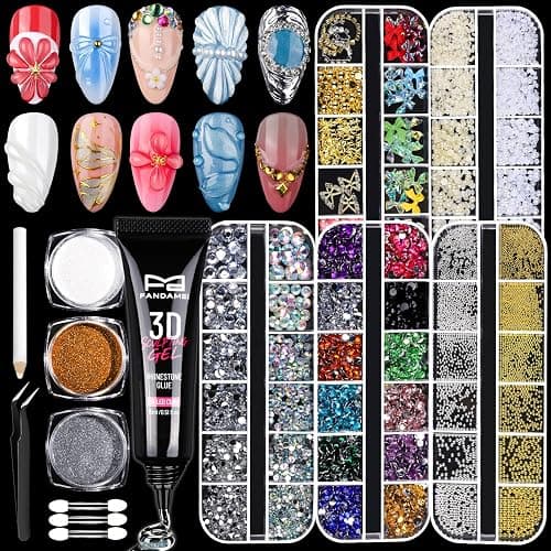 FANDAMEI 3D Nail Gel Kit, 15g 3D Sculpting Gel, 5 Box Nail Pearls Charms and Gems Clear&AB Nail Rhinestones, Metal Nail Beads&Gold Silver White Pearl Chrome Powder for DIY Manicure, UV/LED Lamp Needed - Image 1