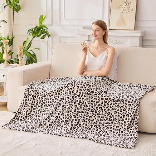 Edenleaf Leopard Print Blanket Fleece Throw for Bed Sofa Travel and Camping, Super Soft Cozy Fluffy Plush Cheetah Print Blanket for All Seasons 60"x80" (Cream) thumbnail 2