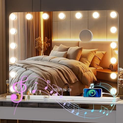 Hasipu Vanity Mirror with Lights and Bluetooth Speaker, 31.5" x 23.6" Hollywood Mirror, Makeup Mirror with 17 Dimmable Bulbs and 10X Magnification, 3 Colors Modes, USB Charging Port, Type-C (White) - Image 1