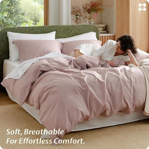 Bedsure PureWoven 100% Washed Cotton Duvet Cover Set, Queen Size, 3-PC | Linen Like Texture, Percale Breathable Bedding Set for All Seasons, Zipper Closure, 8 Corner Ties, Petal Pink, 90" X 90" thumbnail 9