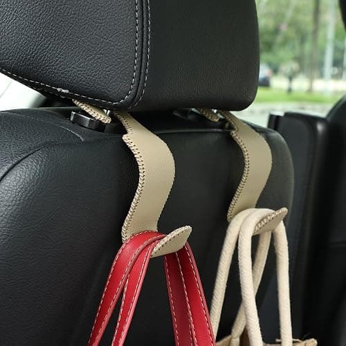 Amooca Car Seat Headrest Hook Universal Vehicle Storage Hanger Leather with Metal Car Seat Back Organizer for Handbag Purse Coat Beige 2 Pack thumbnail 2