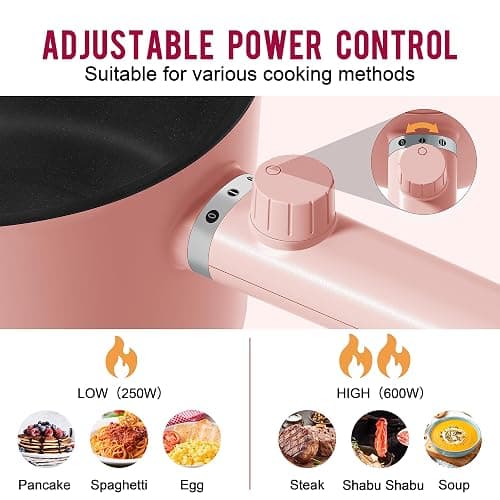 Topwit Hot Pot Electric, 1.5L Ramen Cooker, Portable Non-Stick Frying Pan, Electric Pot for Pasta, Steak, BPA Free, Electric Cooker with Dual Power Control, Over-Heating & Boil Dry Protection, Pink thumbnail 3