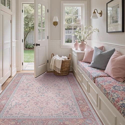 Pink Area Rug 5x7 Washable Rugs Floral Vintage Tumble Carpet for Living Room Bedroom Nursery Room Playroom Dining Room, Soft Non Slip Low Pile, Light Pink Blue thumbnail 9