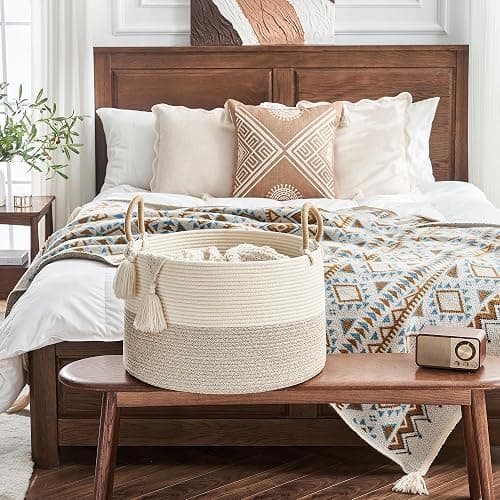 KAKAMAY Large Blanket Basket 20"x13", Cotton Rope Woven Laundry Storage Basket, Baskets for Toy,Stuffed Animal Storage, Dog,Toy Box, Gift Basket for Living Room Nursery Baby Hamper (Beige) thumbnail 4