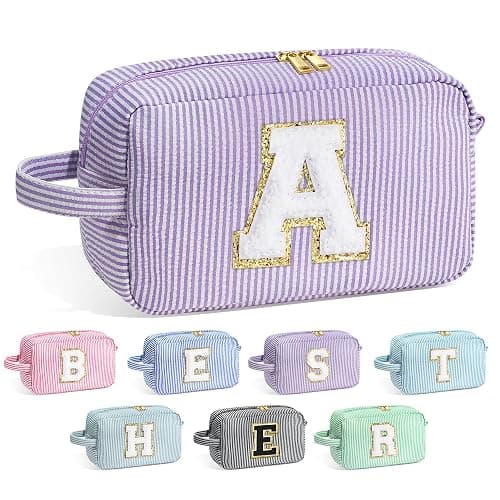 YOOLIFE Gifts for Women Teen Girls - Initial Makeup Bag Cosmetic Bag Toiletry Pouch, Personalized Birthday Gifts for Women Girls Mom Daughter Sister Friends, Purple A - Image 1