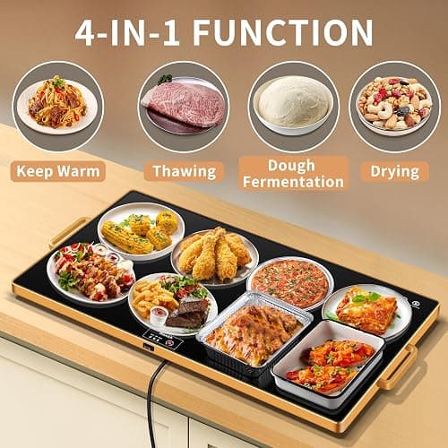 Electric Warming Tray (XXL 32”x18”)，Food Warmers for Parties Buffet with Thermostat & Full Surface Heating, Tempered Glass Warming Mat for Food, Temperature Adjustable Gold Handles Food Warming Mat thumbnail 3