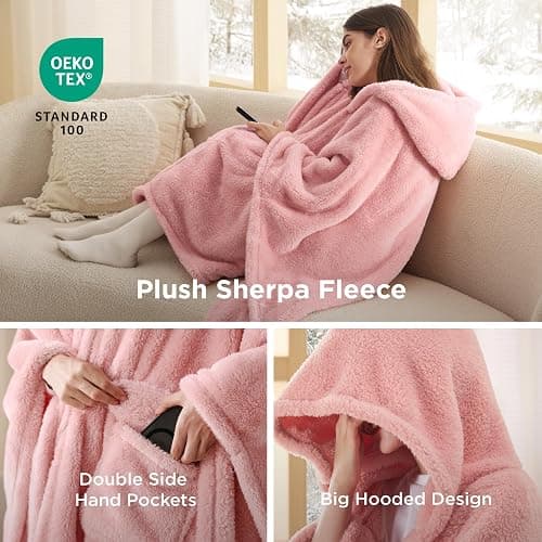Bedsure Blanket Poncho for Women, Hooded Wearable Fleece Blanket for Adult, Winter Poncho Shawl Wrap Cape as Gifts for Mom thumbnail 3