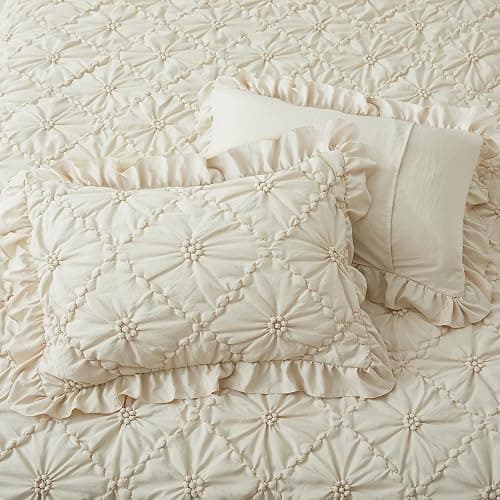 BEDAZZLED King Size Comforter Sets, Beige Bedding Comforter Set, 3 Pieces Pinch Pleat Bedding Sets with Comforter and Pillowcases Soft Farmhouse Shabby Chic Comforter for All Season thumbnail 4