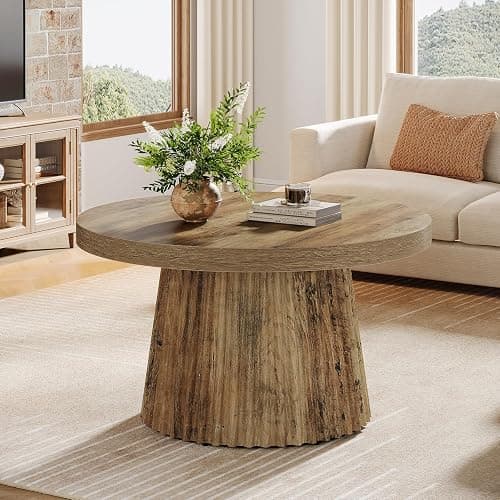 Tribesigns 31.5" Round Coffee Table, Modern Fluted Drum Coffee Tables for Living Room, Wood Farmhouse Boho Accent Pedestal Center Table for Apartment, Small Space, Brown thumbnail 7