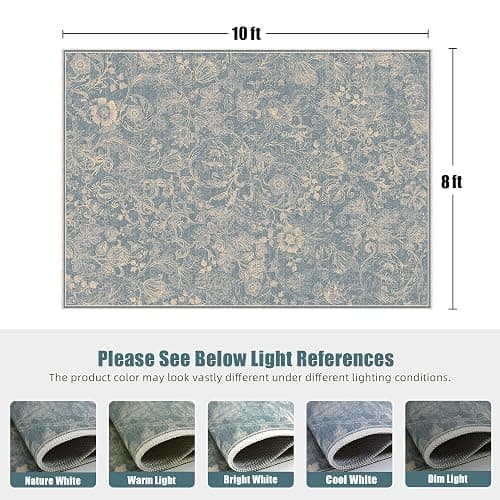 Deerly Large Rug 8x10 for Bedroom Washable Floral Farmhouse, Dusty Blue | Vintage Tranditional Rug, Non Slip, Low Pile, Thin Floor Decor Soft Decorative Rug for Home Office, Living Room, Dining Room thumbnail 2
