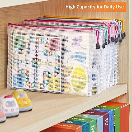 JARLINK A4 Mesh Zipper Pouch Bags, 24 Pcs Waterproof Zipper Pouch Bags | Multi-use Mesh Bags for Board Games & Puzzles, Office School Supplies, Toys, Cosmetics Travel Storage, 10 Colors, Lettle Size thumbnail 5