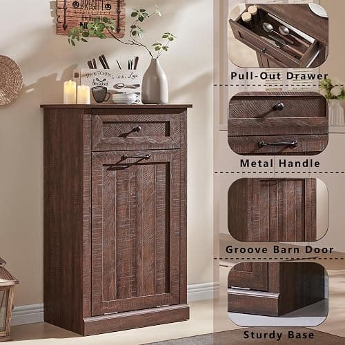 IFGET Tilt Out Trash Can Cabinet, 10 Gallon Farmhouse Laundry Hamper Cabinet with Drawer, Hidden Wooden Trash Garbage Can Bin with Storage Basket for Kitchen, Living Room (Brown) thumbnail 3