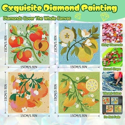 ICYANART 4 Pack Diamond Art Kits for Kids Fruit Gem Art Kit for Kids Ages 6-8-12 Small Diamond Art for Kids Gifts and Home Wall Decor 6x6inch thumbnail 3