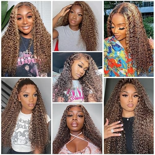 ZZMDS 28 Inch 13x6 Highlight Ombre Deep Wave Lace Front Wigs Human Hair Pre Plucked #4/27 Colored Glueless Wigs Water Wave Honey Blonde Curly Lace Frontal Wigs Human Hair for Women thumbnail 5