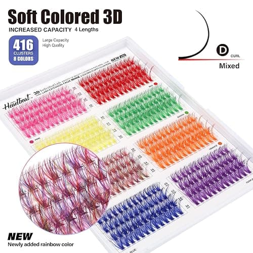 Happy Heartbeat 3D Colored Lash Clusters D Curl 416 Pcs 8 Colors 10mm 12mm 14mm 16mm Mixed Faux Mink Lashes DIY Individual Lashes 40D Colorful Fluffy lashes Extension(8 Colors-D Curl, 40D-10-16) thumbnail 3