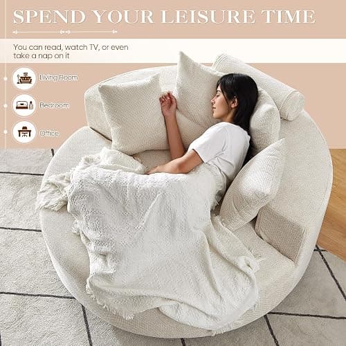 Antetek Oversized Round Chaise Longue Chair Indoor, Modern 55-inch Upholstered Waffle Chenille Deep Seat Circle Single Cloud Lounge Floor Sofa Chair for Living Room, Bedroom Apartment, Beige thumbnail 3