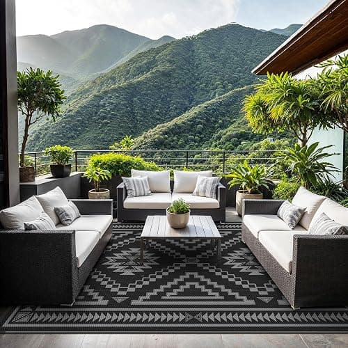 GENIMO Outdoor Rug for Patio Clearance - 6x9 ft Waterproof Plastic Camping Rugs, Reversible Outside Rv Mat Carpet for Porch, Deck, Picnic, Balcony, Beach, Backyard, Black Grey thumbnail 3