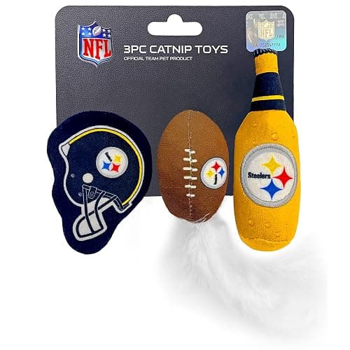 BEST PLUSH CAT TOY NFL PITTSBURGH STEELERS Complete Set of 3 piece Cat Toys filled with Fresh Catnip. Includes: 1 Helmet Cat Toy, 1 Football Cat Toy with Feathers & 1 Beer Bottle. Beautiful Team LOGOS - Image 1