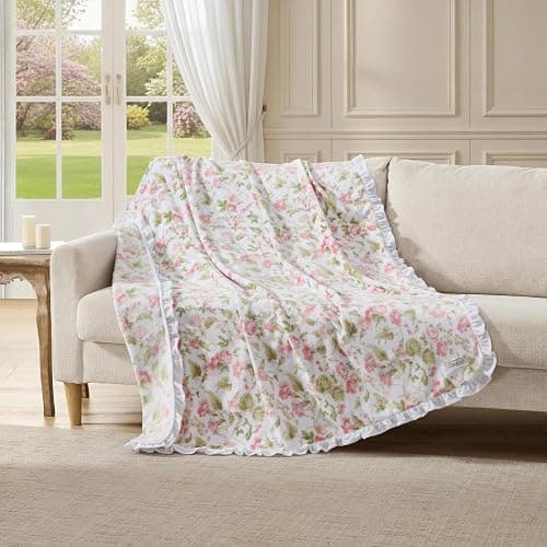 Laura Ashley - Plush Throw Blanket, 50x70, Soft and Warm with a Lightweight Feel, Floral Design, Morning Gloria Pink thumbnail 2
